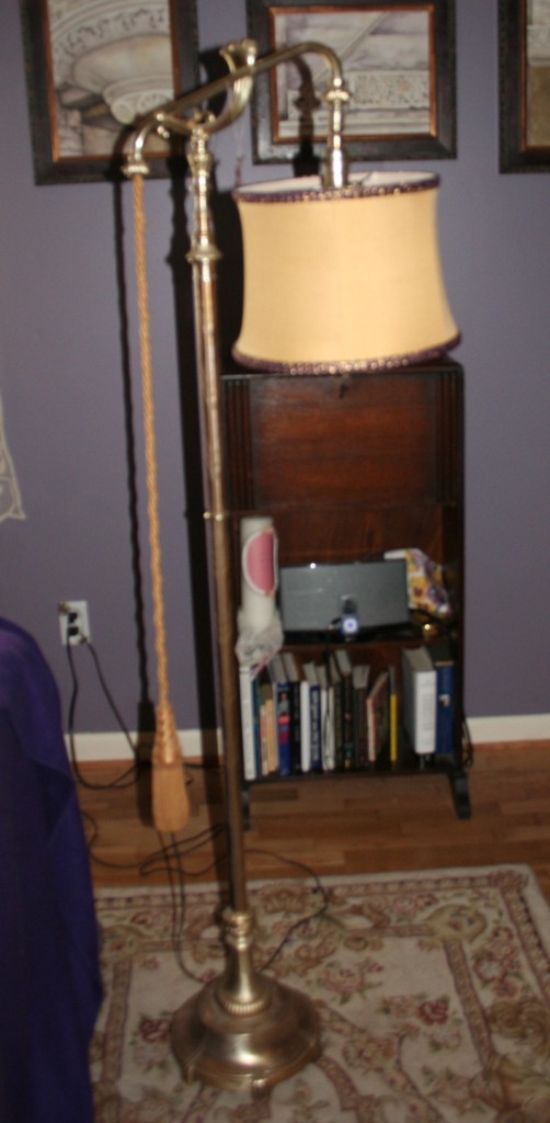 floor lamp, gooseneck, restored with a gold silk shade