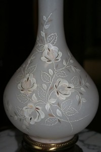 lamp base, glass, etched flowers