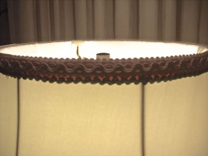 lampshade, restored, sage green, ecru, rose trim